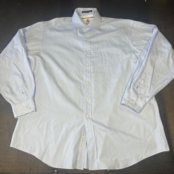 Tommy Hilfiger Shirt Men's 16" White Blue Checkered‎ Long Sleeve Button Up - Picture 1 of 10
